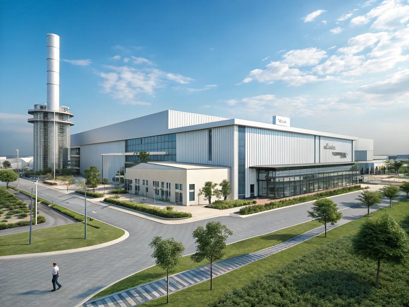 A detailed architectural rendering of a modern light industrial facility, showcasing the importance of meticulous development planning and permitting.