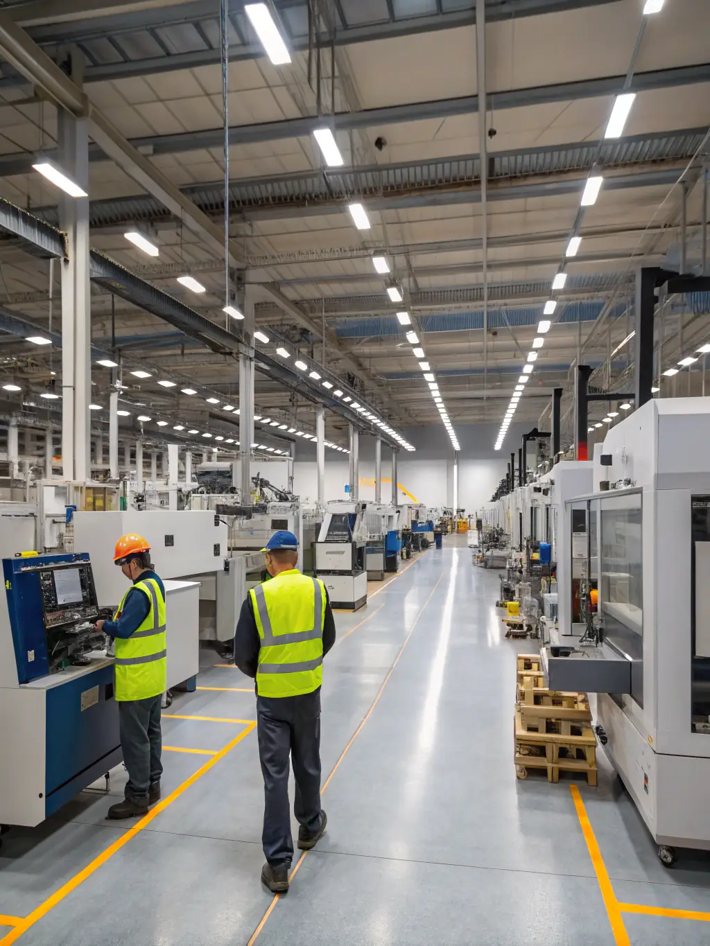 An industrial warehouse interior with optimized layout plans and machinery, representing RealCo's Product Consulting service.