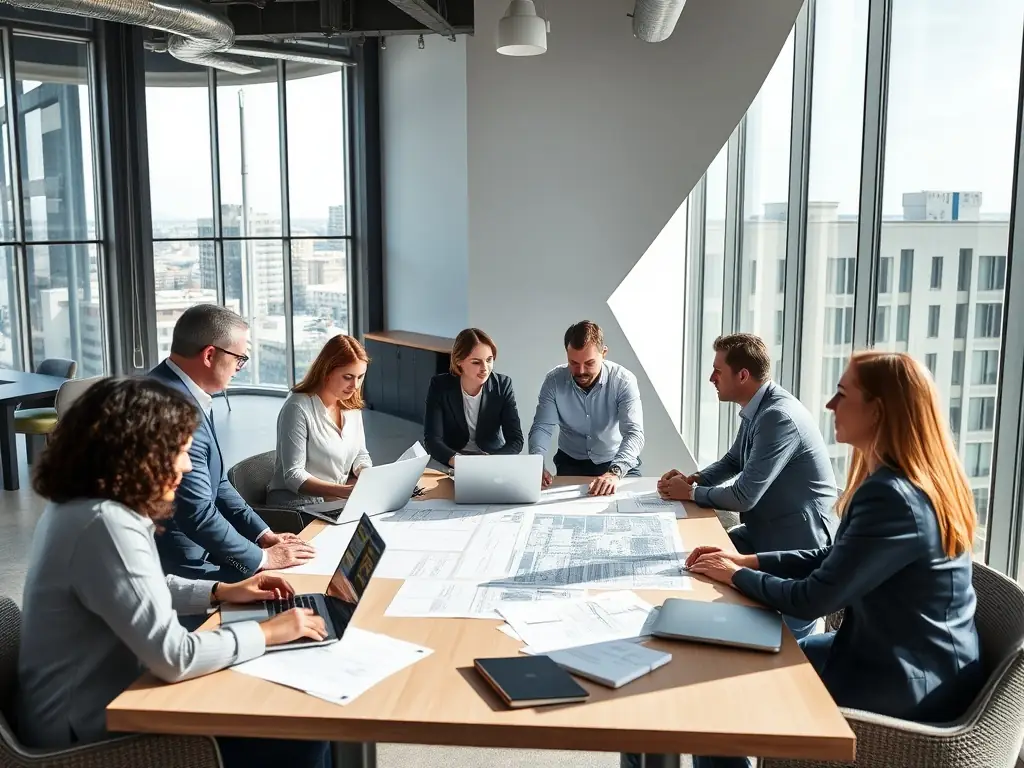 A professional photograph of a team of real estate consultants reviewing blueprints and discussing project details in a modern office setting, emphasizing collaboration and expertise.