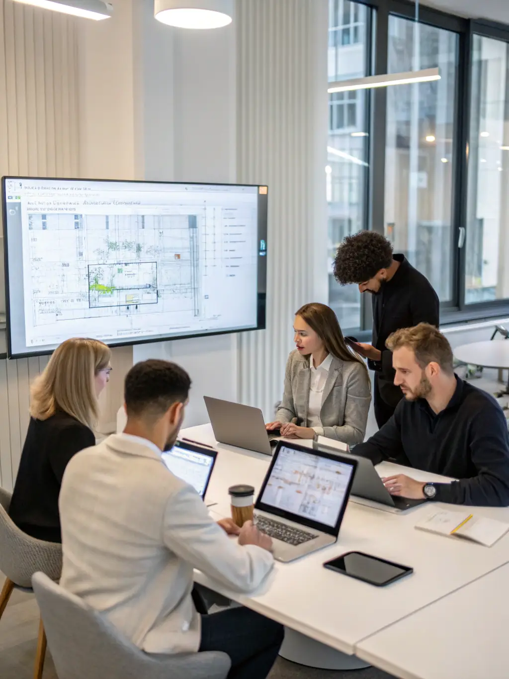 A professional team collaborating on a light industrial project, showcasing RealCo's expertise and teamwork.